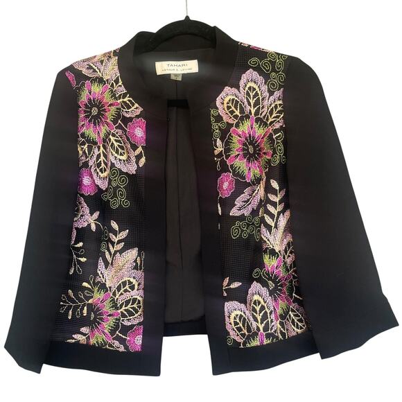 Tahari Arthur S. Levine Jacket Womens 4 Black Floral Embroidered Mesh Open Front - Picture 1 of 9